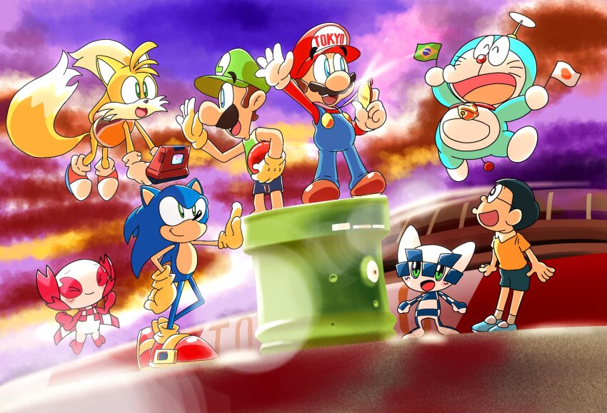 &gt;_&lt; 1girl 2019 2020_summer_olympics 6+boys :d ball bell big_nose black_eyes black_shorts blonde_hair blue_eyes blue_fur blue_hair blue_overalls blue_shorts brazilian_flag brown_hair cat child cloud collar corocoro crossover doraemon doraemon_(character) facial_hair flying fox fujiko_f_fujio_(style) game_console glasses green_eyes green_hat green_shirt handheld_game_console hat hedgehog highres japanese_flag luigi maribou_(supermaribou) mario mario_&amp;_sonic_(series) mario_&amp;_sonic_at_the_tokyo_2020_olympic_games mario_(series) mascot medal miraitowa multicolored_hair multiple_boys multiple_tails mustache nintendo nintendo_switch nobi_nobita olympics open_mouth overalls pink_hair pocket propeller propeller_hat red_ball red_collar red_hat red_nose red_shirt robot sega shin-ei_animation shirt shoes short_hair shorts sky sleeveless sleeveless_shirt smile socks someity sonic_(series) sonic_the_hedgehog spiked_hair sportswear stadium sunset tail tails_(sonic) two-tone_fur two-tone_hair two_tails white_fur white_hair white_socks yellow_fur yellow_shirt