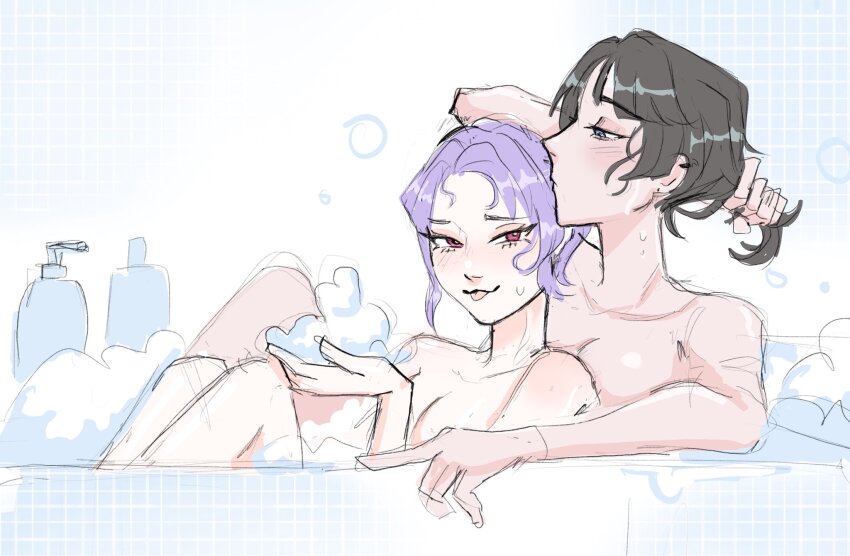 2girls bang_dream! bang_dream!_it&#039;s_mygo!!!!! bath bathtub black_hair blue_eyes breasts closed_mouth commentary hand_in_own_hair hashtag-only_commentary highres kryakw medium_breasts multiple_girls pink_eyes purple_hair same-sex_bathing shampoo_bottle shared_bathing short_hair soap_bubbles tongue tongue_out wet yahata_umiri yuri yuutenji_nyamu