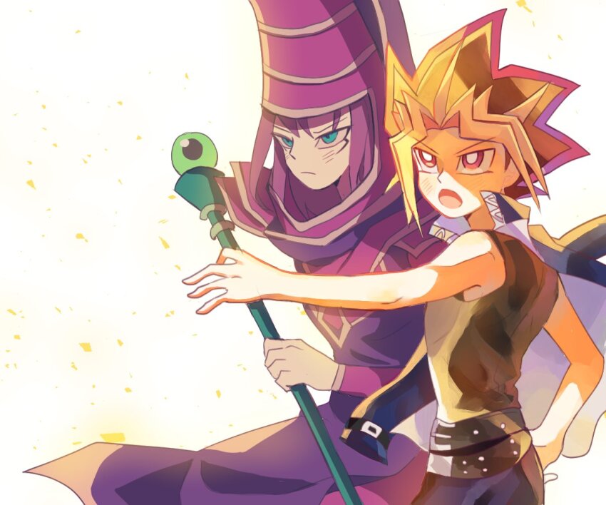 10439vu 2boys armor black_shirt blonde_hair blue_jacket dark_magician duel_monster green_eyes hat holding holding_staff jacket multicolored_hair multiple_boys purple_armor purple_eyes purple_hair shirt staff wizard_hat yami_yugi yu-gi-oh!