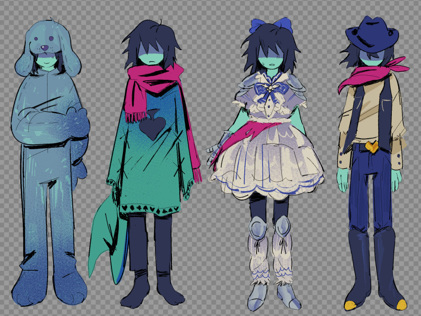 1other animal_costume blue_bow blue_skin bow checkered_background colored_skin cosplay cowboy_hat deltarune dog_costume dress hair_bow hair_over_eyes hat highres kris_(dark_world)_(deltarune) kris_(deltarune) morick official_alternate_costume partially_shaded_face ralsei ralsei_(cosplay) scarf vest