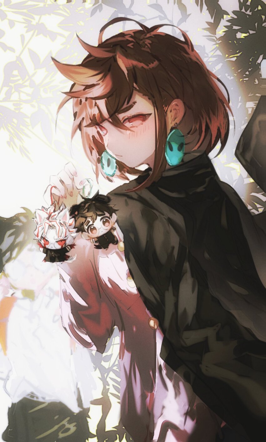 1boy 1girl ayase_momo black_hair black_jacket blurry blurry_background blush branch brown_eyes brown_hair character_doll collared_shirt dandadan de557777 doll earrings gakuran glasses hair_between_eyes highres jacket jacket_on_shoulders jewelry kami_high_school_uniform leaf long_sleeves looking_at_viewer looking_back messy_hair pink_sweater round_eyewear school_uniform shirt short_hair sweater takakura_ken_(dandadan) takakura_ken_(transformed)_(dandadan) thick_eyebrows upper_body white_shirt
