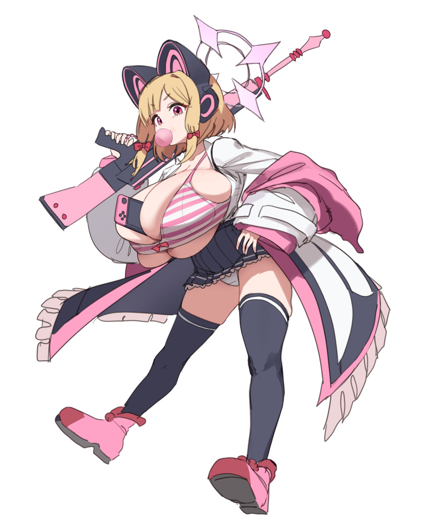 1girl absurdres alternate_breast_size animal_ear_headphones animal_ears between_breasts black_thighhighs blonde_hair blue_archive bow bra breasts cat_ear_headphones chewing_gum fake_animal_ears full_body gun gya_rb hair_bow halo hand_on_own_hip hand_up headphones highres holding holding_gun holding_weapon huge_breasts jacket legs_apart long_sleeves medium_hair miniskirt momoi_(blue_archive) nintendo_switch open_clothes open_jacket panties pink_bra pink_eyes pink_shoes pleated_skirt red_bow shoes simple_background skindentation skirt solo striped_bra striped_clothes thighhighs underwear upskirt v-shaped_eyebrows weapon white_background white_jacket white_panties