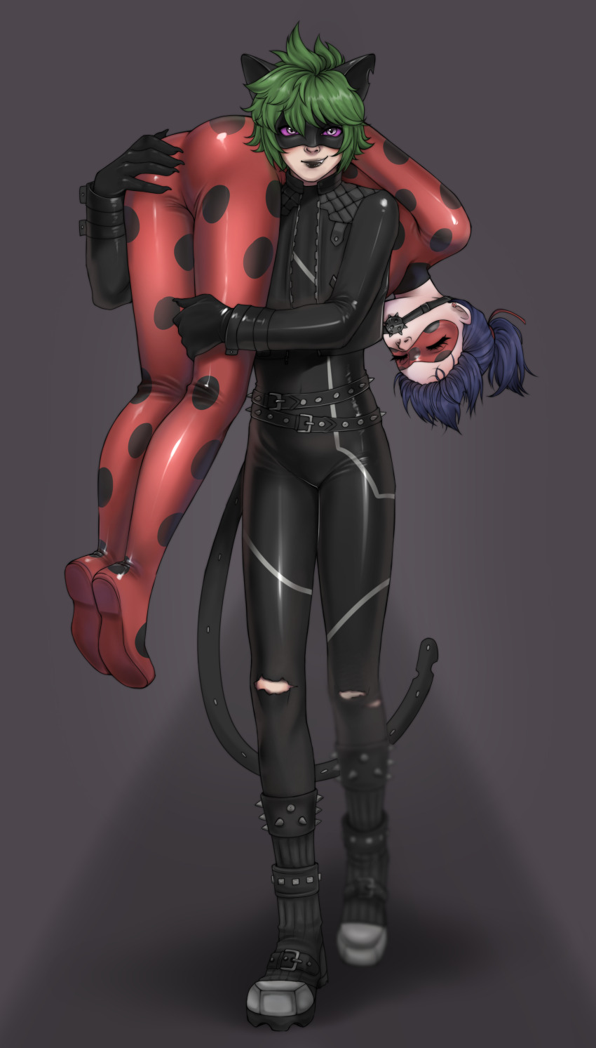 1boy 1girl absurdres adrien_agreste animal_ears bad_tag black_lips blue_hair bodysuit cat_ears claw_noir defeat earrings gag gagged green_hair hand_on_another&#039;s_butt highres jewelry keiori_(keiorix) kidnapping ladybug_(character) marinette_dupain-cheng mask miraculous_ladybug purple_eyes short_hair twintails