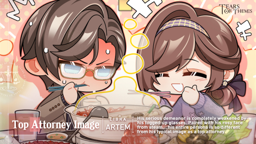 +++ 1boy 1girl :d :t ^^^ ^_^ artem_wing_(tears_of_themis) black_shirt blue_eyes blush brown-framed_eyewear brown_hair brown_jacket character_name chibi chopsticks closed_eyes closed_mouth commentary copyright_name eating english_commentary english_text food glasses hairband holding holding_chopsticks hotpot jacket ladle long_sleeves official_art open_mouth pinstripe_pattern pinstripe_shirt puffy_long_sleeves puffy_sleeves purple_hairband purple_sweater rosa_(tears_of_themis) semi-rimless_eyewear shirt single_hair_intake sleeves_past_wrists smile sweater tears_of_themis under-rim_eyewear upper_body