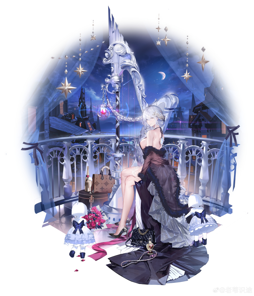 1girl absurdres backless_dress backless_outfit bag bare_shoulders black_dress black_shoes bottle bouquet braid breasts building cloud crossed_legs dress eos_(argent_bergamasque)_(neural_cloud) eos_(neural_cloud) flower full_body girls&#039;_frontline girls&#039;_frontline_neural_cloud hair_between_eyes hair_ornament harp high_heels highres holding holding_bouquet instrument jewelry laowei_shi_tu long_hair looking_at_viewer moon night night_sky official_alternate_costume official_art parted_lips patent_heels pumps red_flower red_soles shoes sideboob sitting sky sleeveless sleeveless_dress smile solo star_(sky) starry_sky stiletto_heels thigh_strap white_hair wine_bottle yellow_eyes