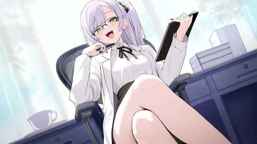 1girl aged_up artist_request azur_lane bare_legs black-framed_eyewear black_bow black_nails black_ribbon black_skirt blurry blush book bow breasts chair clipboard coat collared_shirt crossed_legs cup desk dress_shirt dutch_angle fang fangs feet_out_of_frame fingernails from_below glasses grey_hair hair_ribbon high-waist_skirt highres holding holding_clipboard holding_pen indoors lab_coat legs long_hair long_sleeves looking_at_viewer medium_breasts mug nail_polish neck_ribbon non-web_source oceana_(azur_lane) office_chair office_lady official_art on_chair one_side_up open_clothes open_coat open_mouth over-rim_eyewear paper pen pencil_skirt rectangular_eyewear ribbon semi-rimless_eyewear shirt shirt_tucked_in side_ponytail siren_(azur_lane) sitting skirt smile solo steam stylus swivel_chair teacup teeth thighs upper_teeth_only white_coat white_shirt yellow_eyes