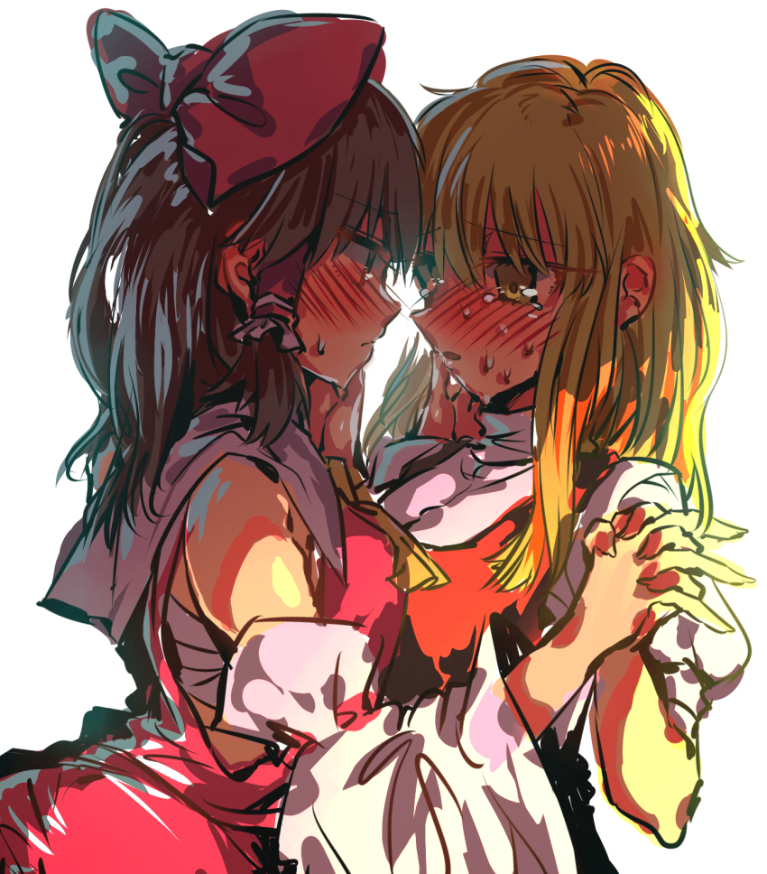 2girls ascot blonde_hair blush bow breasts brown_eyes brown_hair closed_mouth commentary cookie_(touhou) cowboy_shot detached_sleeves doi frilled_hair_tubes frills hair_bow hair_tubes hakurei_reimu highres holding_hands interlocked_fingers kirisame_marisa long_hair looking_at_viewer medium_breasts multiple_girls nose_blush open_mouth red_bow red_shirt reu_(cookie) sarashi shirt sidelocks simple_background sleeveless sleeveless_shirt touhou uzuki_(cookie) white_background white_sleeves yellow_ascot yellow_eyes yuri