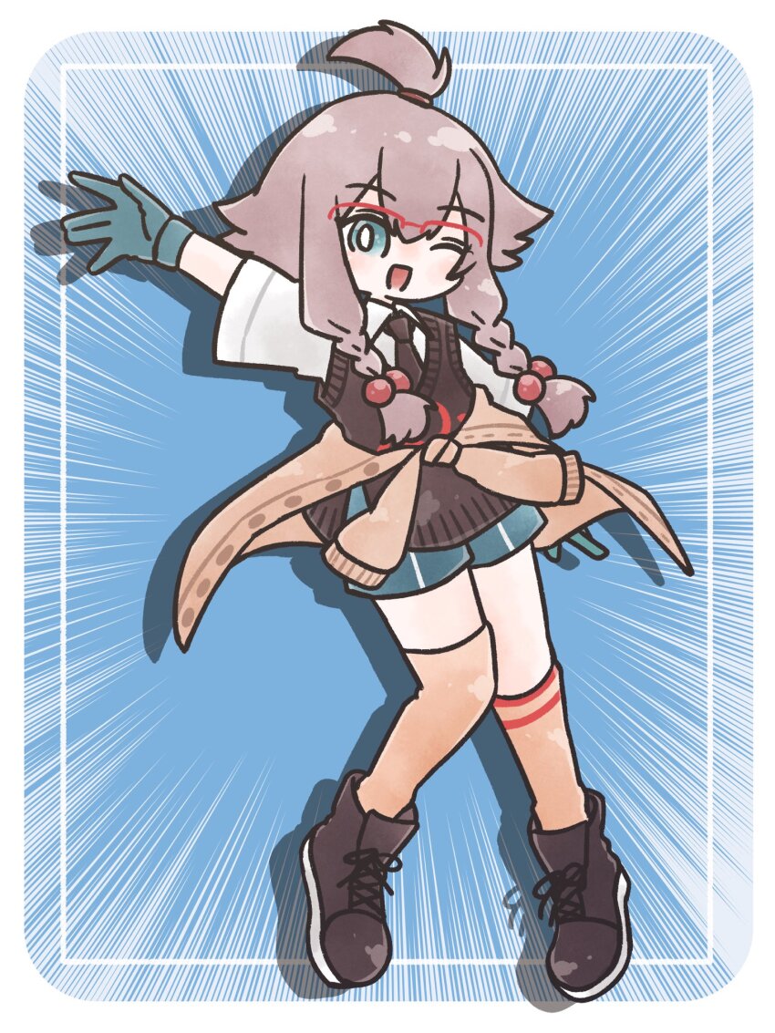 1girl ;d arknights black_boots black_necktie blue_background blue_eyes blue_gloves blue_shorts boots braid brown_cardigan brown_hair brown_socks brown_thighhighs cardigan cardigan_around_waist clothes_around_waist collared_shirt commentary_request emphasis_lines full_body gloves hair_between_eyes hair_bobbles hair_ornament highres kneehighs lace-up_boots long_hair looking_at_viewer low_twintails may_(arknights) necktie nunnuje_a_u_e one_eye_closed open_mouth outstretched_arm shirt short_shorts shorts single_kneehigh single_sock single_thighhigh smile socks solo sweater_vest thighhighs twin_braids twintails two-tone_background white_background white_shirt