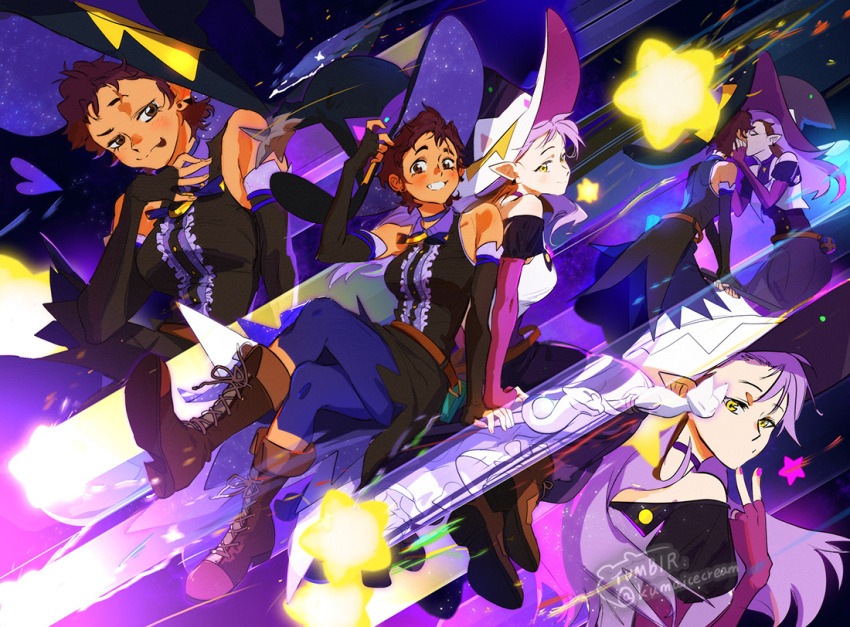 2girls :3 amity_blight boots breasts brown_eyes brown_hair couple elbow_gloves eyebrow_cut fingerless_gloves ghost_(the_owl_house) gloves hat kiss kuma20151225 long_hair luz_noceda mage_staff multiple_girls pointy_ears purple_hair shooting_star short_hair smile staff_riding star_(sky) star_(symbol) stringbean_(the_owl_house) the_owl_house very_short_hair witch witch_hat yellow_eyes yuri