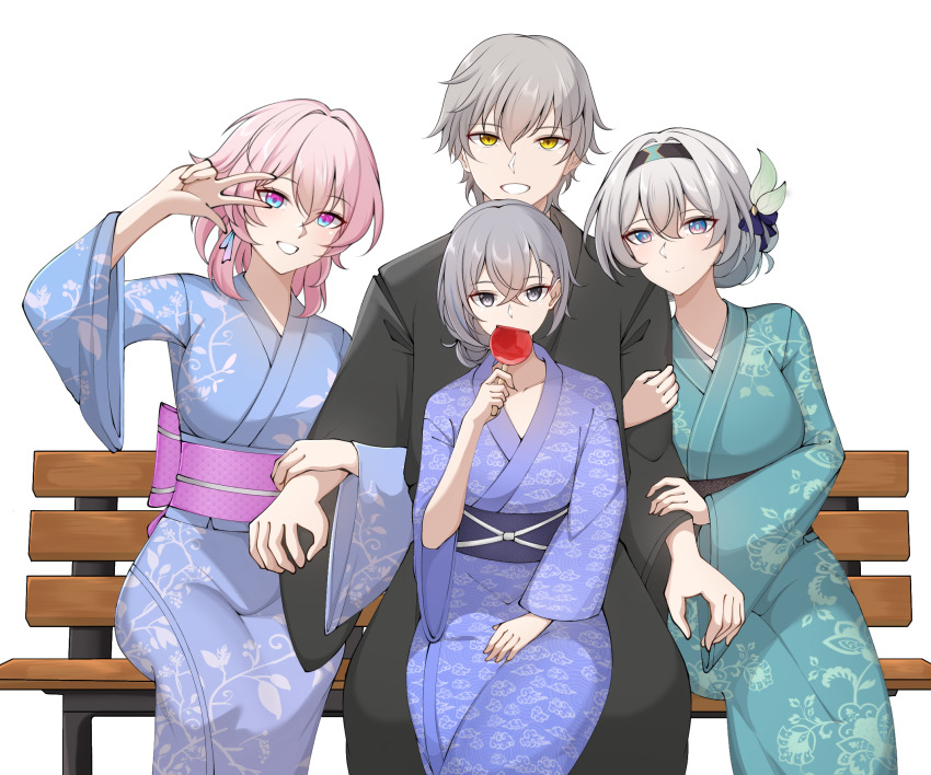 1boy 3girls alternate_costume arm_hug bench black_hairband black_kimono black_sash blue_eyes blue_kimono blue_pupils caelus_(honkai:_star_rail) candy centauri-d closed_mouth commentary commission cowboy_shot crossed_bangs eating english_commentary firefly_(honkai:_star_rail) food girl_sandwich green_kimono grey_hair grin hair_between_eyes hair_ornament hairband hand_up highres holding holding_candy holding_food holding_lollipop honkai:_star_rail honkai_(series) japanese_clothes kimono lollipop long_hair long_sleeves looking_at_viewer march_7th_(honkai:_star_rail) medium_hair multicolored_eyes multiple_girls new_year obi on_bench pink_eyes pink_hair pink_sash purple_kimono sandwiched sash second-party_source short_hair silver_wolf_(honkai:_star_rail) simple_background sitting sitting_on_lap sitting_on_person smile trailblazer_(honkai:_star_rail) two-tone_eyes v v_over_eye white_background wide_sleeves yellow_eyes