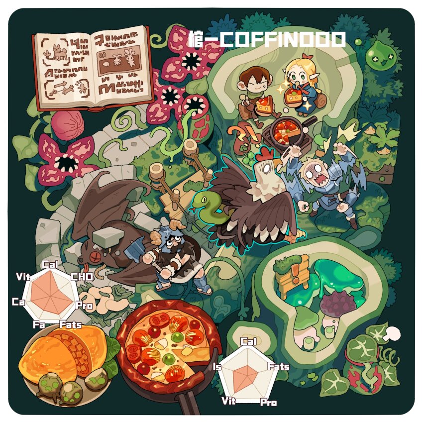 !? 1girl 3boys absurdres armor blonde_hair blush book bridge chilchuck_tims closed_eyes closed_mouth coffinooo dungeon_meshi facial_hair fake_horns flower food food_on_face helmet highres holding holding_weapon horned_helmet horns laios_touden long_hair mandragora maplestory marcille_donato monster multiple_boys open_mouth plant pointy_ears senshi_(dungeon_meshi) sign slime_(maplestory) sparkle vines weapon