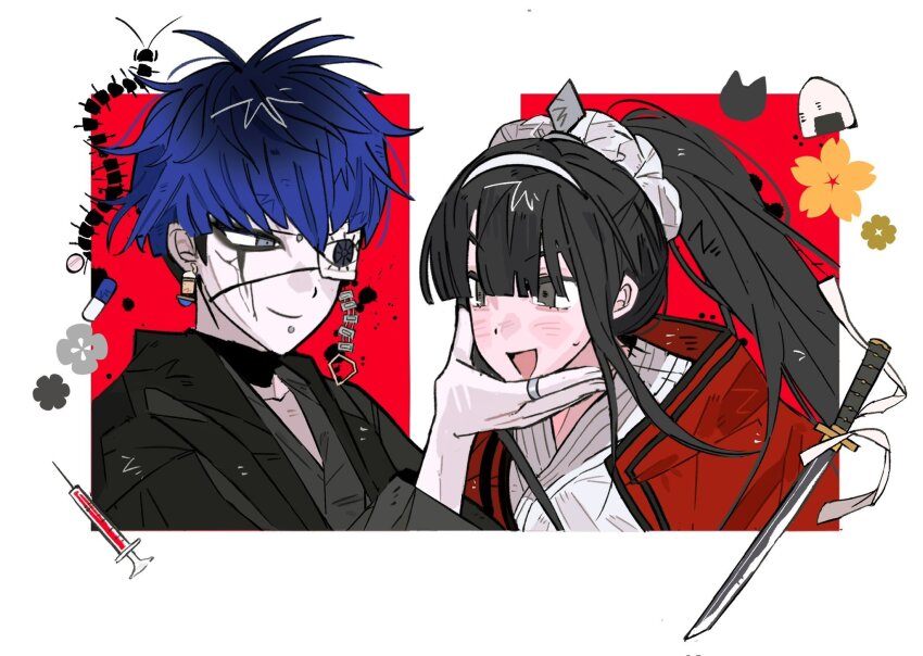 1boy 1girl black_hair blue_hair bridge_piercing closed_mouth collar collarbone eyepatch face_piercing fingernails flower food grey_eyes hand_up highres holy_jumonji_sword japanese_clothes lip_piercing long_hair looking_at_another magadori_kyoshika multicolored_hair omokage_yugamu one_eye_covered onigiri open_mouth piercing ponytail red_background simple_background syringe the_hundred_line_-last_defense_academy- underwear upper_body white_background