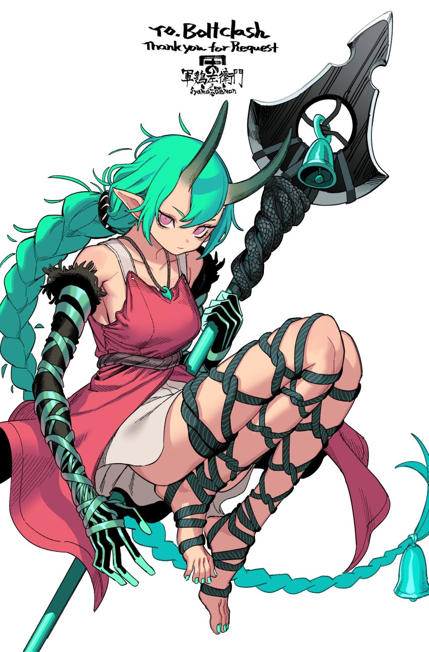 1girl artist_name ass ass_peek bags_under_eyes bare_legs bare_shoulders barefoot bell black_gloves black_rope braid breasts collarbone commentary_request commission demon_girl demon_horns detached_sleeves dress english_text engrish_text feet floating glaring gloves green_gloves green_hair green_nails green_rope hair_bell hair_ornament highres holding holding_polearm holding_weapon horns jade_(boltclash) jade_pendant jewelry long_braid long_hair long_horns long_toes looking_at_viewer magatama magatama_necklace medium_breasts nail_polish necklace oni_girl original pointy_ears polearm purple_eyes ranguage red_dress rope rope_belt rope_legwear sideboob single_braid skeb_commission skirt solo spear thank_you toenail_polish toenails toes translation_request very_long_hair weapon white_background white_skirt wiggling_toes ztoriataming