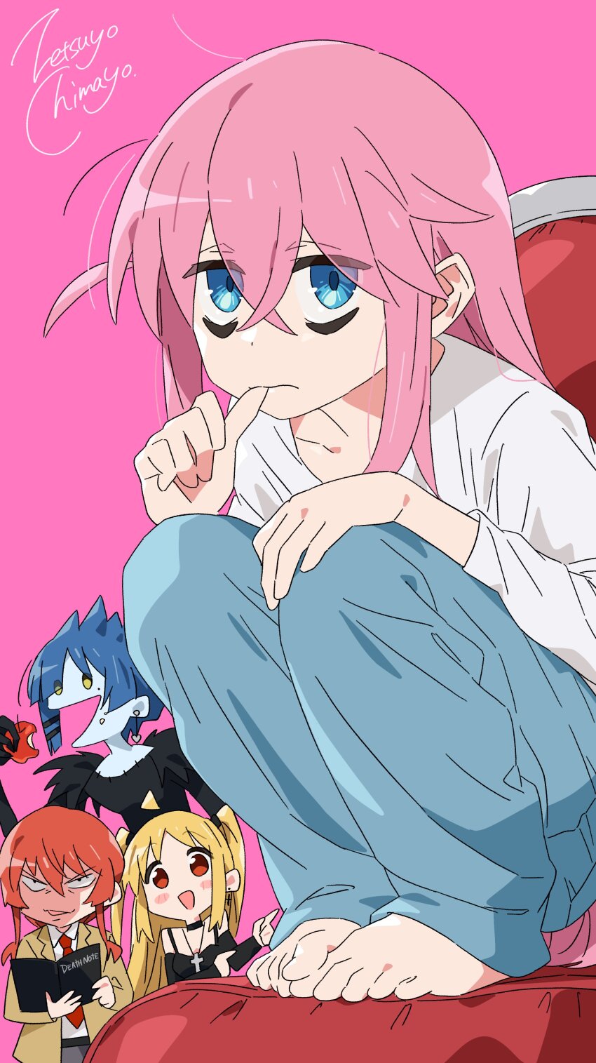 :d absurdres amane_misa amane_misa_(cosplay) apple bags_under_eyes barefoot blue_pants blush bocchi_the_rock! chair cosplay cross cross_necklace death_note food food_bite fruit gotoh_hitori highres ijichi_nijika jewelry kita_ikuyo l_(death_note) l_(death_note)_(cosplay) necklace necktie off_shoulder open_mouth pants pink_background red_eyes red_necktie ryuk ryuk_(cosplay) shaded_face shirt simple_background smile squatting white_shirt yagami_light yagami_light_(cosplay) yamada_ryo zetsuyo_chimayo