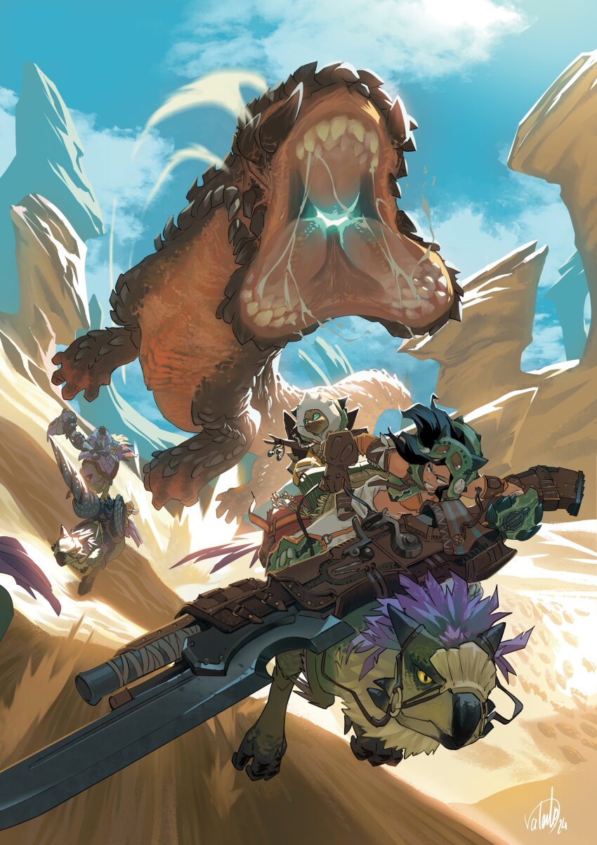1girl 2others absurdres armor balahara blue_sky chatacabra_(armor) cloud cloudy_sky day desert felyne glowing goggles goggles_on_head green_armor gunlance highres holding holding_polearm holding_shield holding_weapon incoming_attack lance monster_hunter_(character) monster_hunter_(series) monster_hunter_wilds multiple_others official_art open_mouth outdoors polearm riding rock saliva sand second-party_source seikret_(monster_hunter) shadow sharp_teeth shield signature sky teeth tony_valente weapon