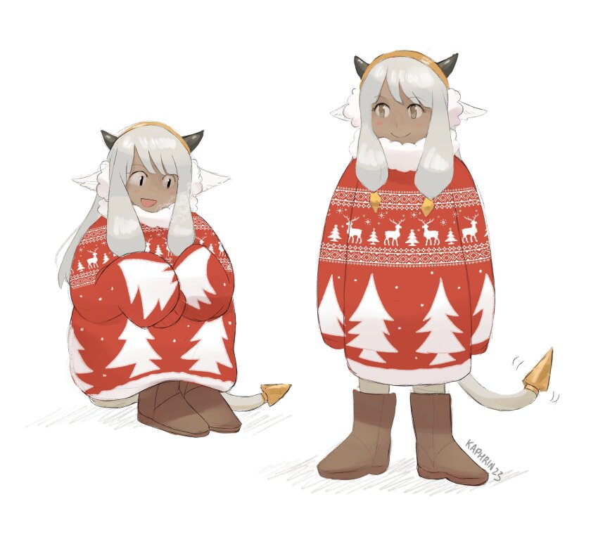 1girl absurdres animal_ears artist_name ash_(fire_emblem) brown_eyes commentary cow_ears cow_girl cow_horns cow_tail dark-skinned_female dark_skin dated english_commentary fire_emblem fire_emblem_heroes fur-trimmed_sweater fur_trim highres horns kaphrin long_hair multiple_views nintendo oversized_clothes oversized_sweater simple_background sitting sleeves_past_fingers sleeves_past_wrists smile standing sweater tail white_background white_hair