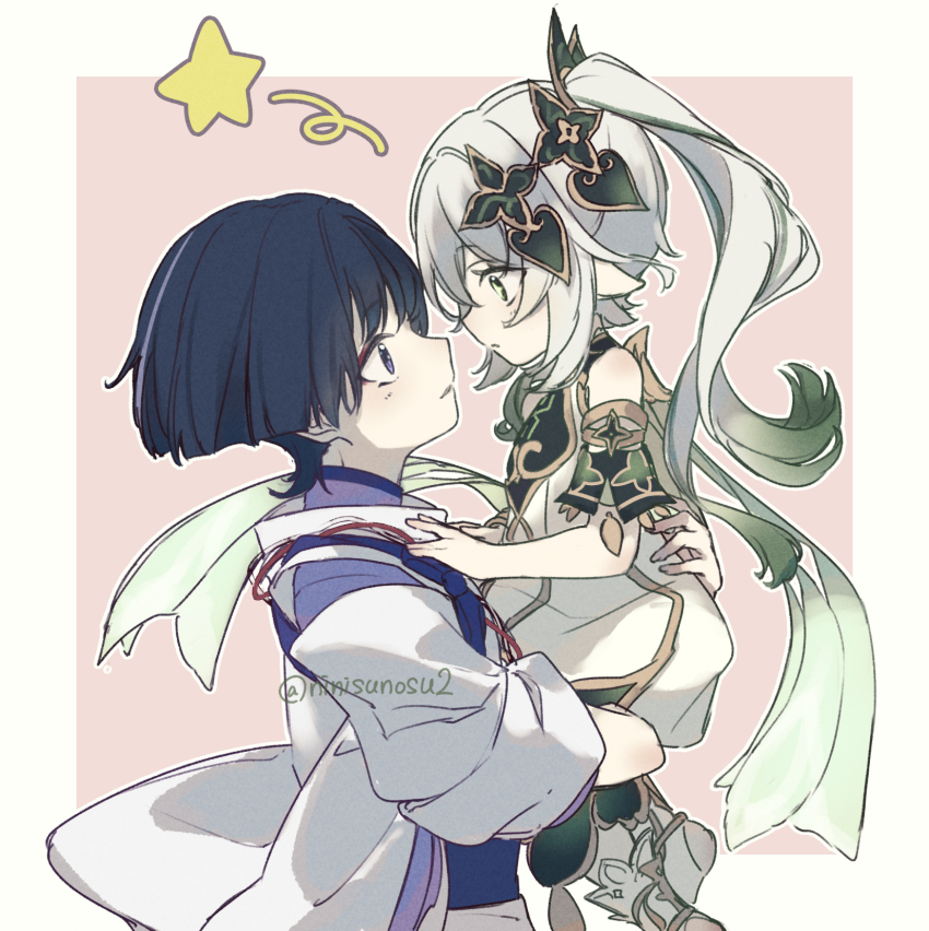 1boy 1girl anklet black_hair blunt_ends border cape carrying carrying_person cross-shaped_pupils detached_sleeves dress genshin_impact gold gold_trim gradient_hair green_cape green_eyes green_hair green_sleeves hand_on_another&#039;s_back hand_on_another&#039;s_chest highres japanese_clothes jewelry kariginu kimono layered_sleeves light_blush long_hair looking_at_another multicolored_hair nahida_(genshin_impact) ninisunosu2 pink_background pointy_ears purple_eyes purple_hair purple_kimono purple_sash purple_sleeves sash scaramouche_(genshin_impact) scaramouche_(kabukimono)_(genshin_impact) side_ponytail sidelocks sleeves_rolled_up star_(symbol) stirrup_footwear streaked_hair string symbol-shaped_pupils twitter_username white_background white_border white_dress white_footwear white_hair white_sleeves wide-eyed wide_sleeves