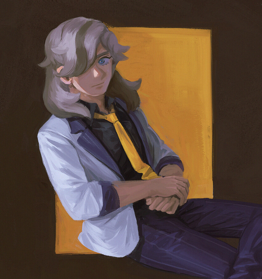 1boy alternate_costume arven_(pokemon) black_shirt blue_eyes brown_hair closed_mouth collared_shirt commentary crossed_legs eyelashes go-lurk hair_over_one_eye highres jacket long_hair looking_at_viewer male_focus necktie nintendo open_clothes open_jacket own_hands_together pants pokemon pokemon_sv shirt sitting solo white_jacket yellow_necktie