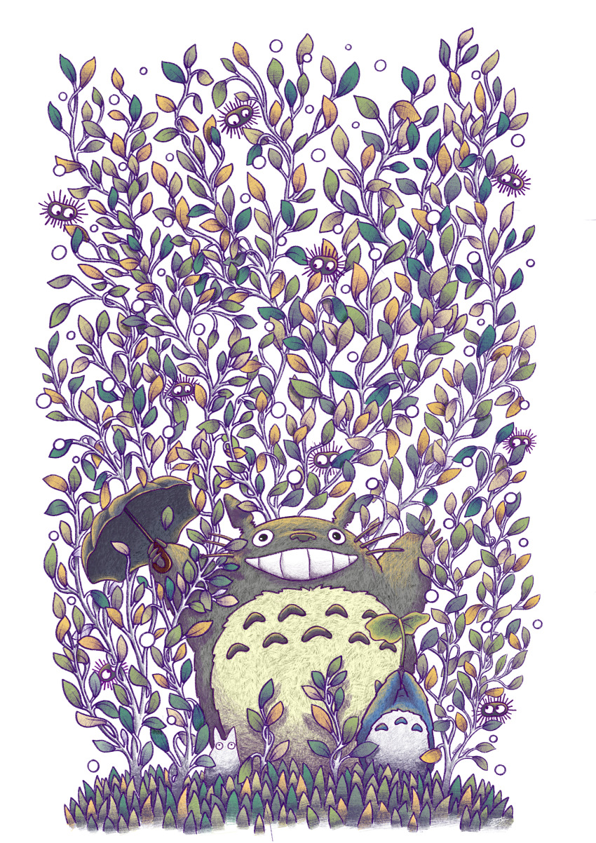 absurdres arms_up chibi_totoro chuu_totoro commentary creature english_commentary highres holding holding_leaf holding_umbrella leaf looking_at_another looking_at_viewer nature no_humans simple_background smile susuwatari syntetyc tonari_no_totoro totoro umbrella whiskers white_background
