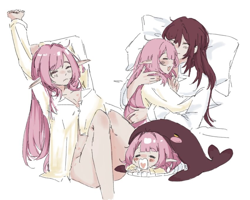 2girls animalization babydoll bare_legs bottomless breasts chibi cleavage commentary eden_(honkai_impact) elf elysia_(honkai_impact) feet_out_of_frame heart heart_in_mouth highres honkai_(series) honkai_impact_3rd hug legs multiple_girls multiple_views pillow pink_hair pointy_ears smile stretching symbol-only_commentary whale white_babydoll white_background yaro_yk yuri