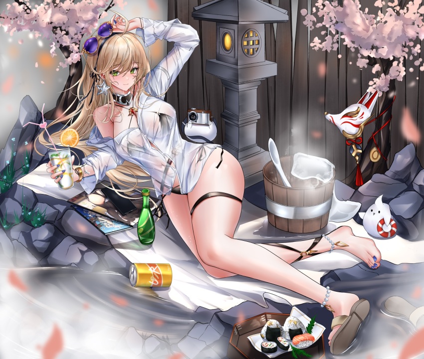1girl bikini bikini_under_clothes black_bikini blonde_hair blue_nails can chinese_commentary collared_shirt commentary_request criss-cross_halter cup drinking_glass earrings food fox_mask full_body glasses green_eyes halterneck highres holding holding_cup iue_(artist) jewelry long_hair long_sleeves looking_at_viewer mask missouri_(warship_girls_r) nail_polish onigiri purple-tinted_eyewear removing_eyewear sandals see-through_clothes see-through_shirt shirt single_sandal smile solo star_(symbol) star_earrings sushi swimsuit thigh_strap tinted_eyewear toenail_polish toenails warship_girls_r white_shirt