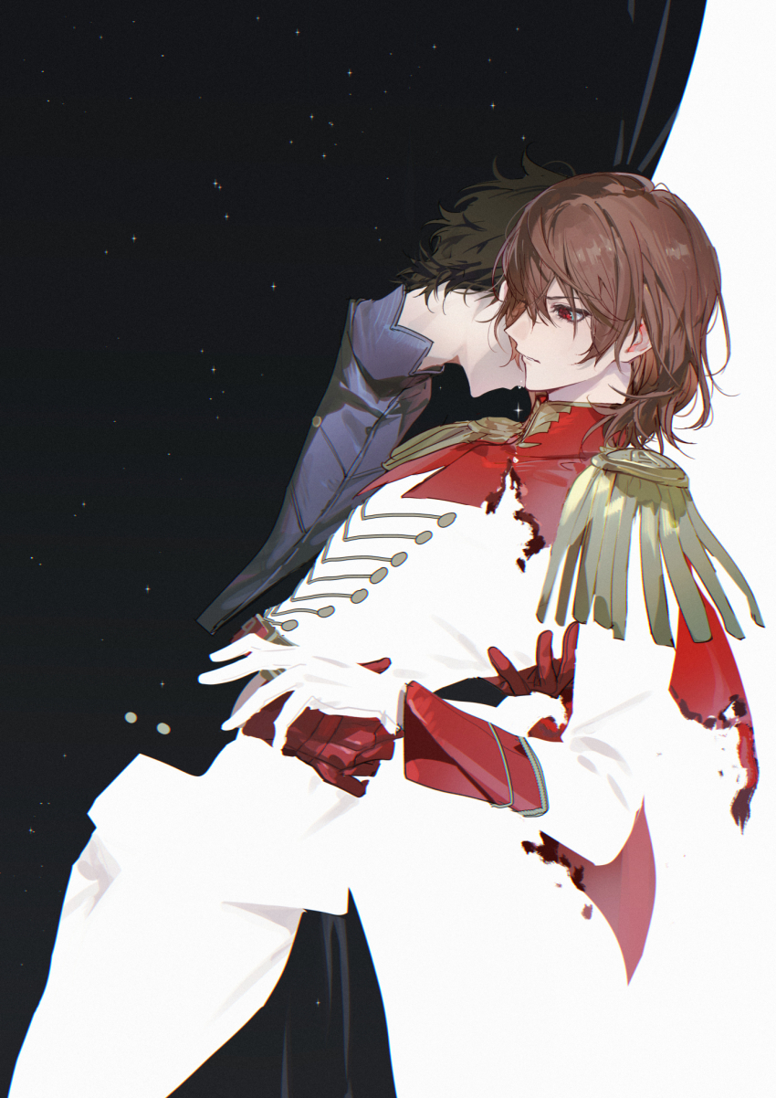2boys akechi_gorou amamiya_ren black_background black_hair blood blood_on_clothes brown_hair crow_(persona_5) crying crying_with_eyes_open doran_(doran7280) epaulettes gloves grey_shirt highres hug joker_(persona_5) long_sleeves male_focus military military_uniform multiple_boys pants parted_lips persona persona_5 red_eyes red_gloves shirt short_hair simple_background star_(sky) tears white_background white_gloves white_pants white_shirt yaoi