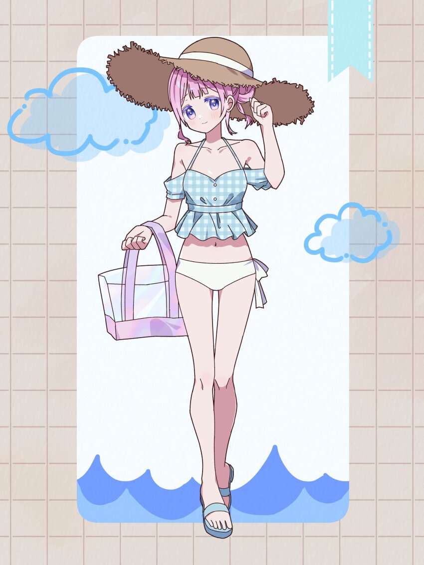 1girl absurdres bag bikini blue_sandals blue_shirt closed_mouth detached_sleeves hair_bun hand_up hat highres holding holding_bag looking_at_viewer magia_record:_mahou_shoujo_madoka_magica_gaiden mahou_shoujo_madoka_magica off-shoulder_shirt off_shoulder pink_hair ruru_(rurumagi) sandals shirt short_sleeves smile solo straw_hat summer sun_hat swimsuit white_bikini yura_hotaru