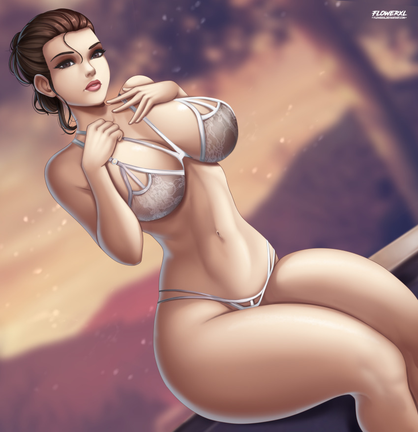 1girl athletic bad_tag breasts brown_eyes brown_hair curvy female_focus flowerxl huge_breasts lingerie pale_skin pink_mouth rey sitting solo star_wars the_force_awakens thick_thighs thighs toned toned_female underwear white_lingerie wide_hips widescreen