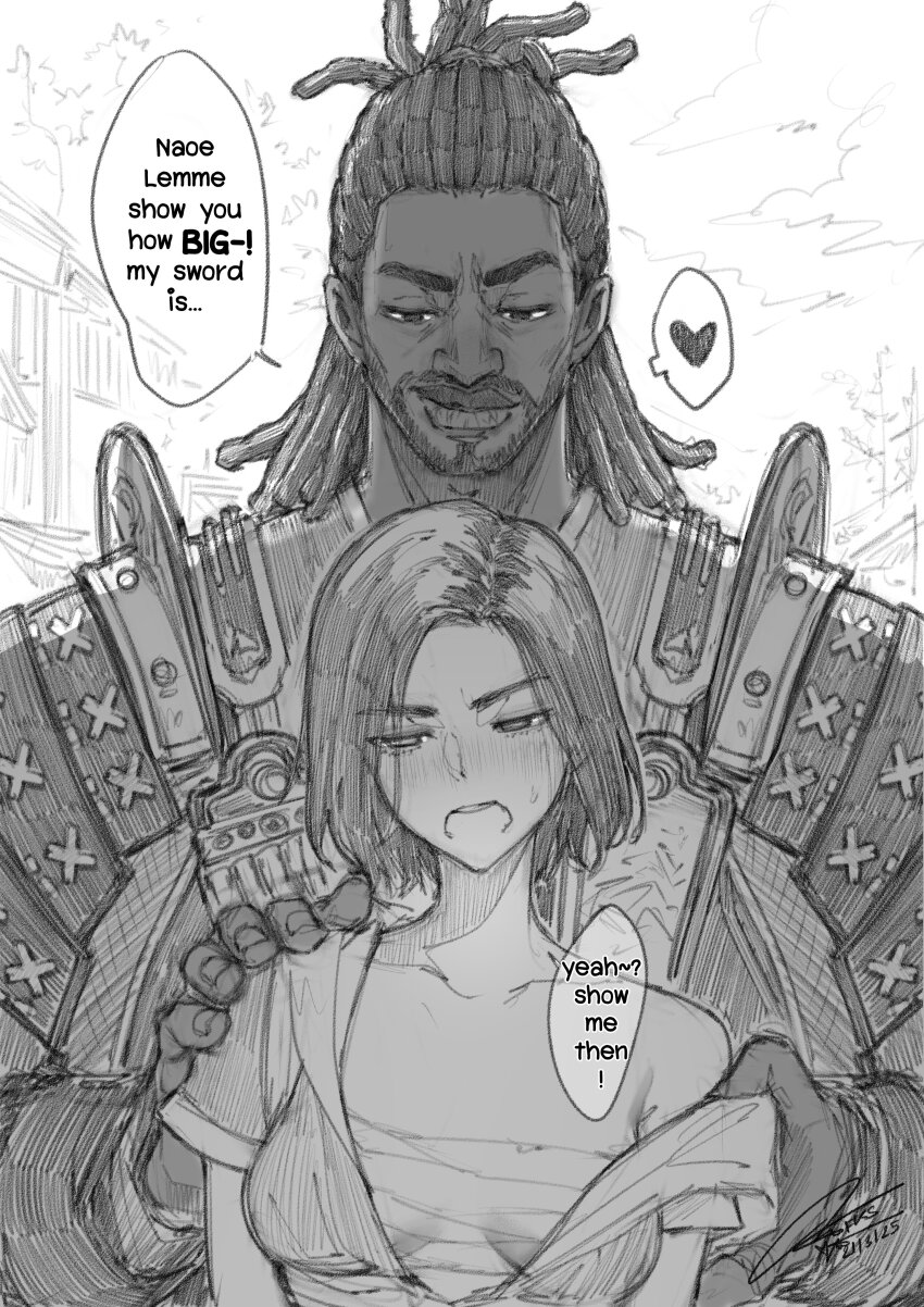 1boy 1girl absurdres armor assassin&#039;s_creed:_shadows assassin&#039;s_creed_(series) black_hair breasts brown_lips chest_sarashi dark-skinned_male dark_skin dreadlocks fkscrashing fujibayashi_naoe hadanugi_dousa highres japanese_armor japanese_clothes ninja open_kimono samurai sarashi short_hair shy thick_lips undone_sarashi undressing very_dark_skin yasuke_(assassin&#039;s_creed)