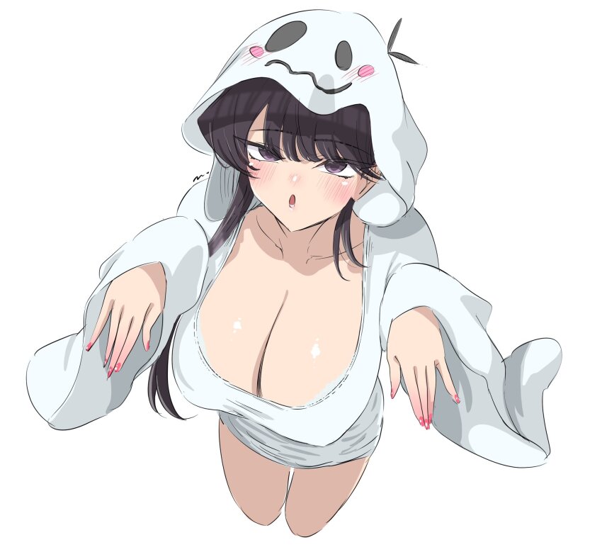 1girl black_hair breasts cleavage ghost_costume ghost_pose highres hood hood_up huge_breasts komi-san_wa_komyushou_desu komi_shouko light_blush looking_at_viewer mitsugu open_mouth pink_nails purple_eyes simple_background solo white_background