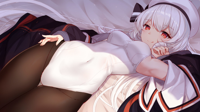 1girl absurdres armpits bare_shoulders bed_sheet bison_cangshu black_pantyhose blonde_hair blush bow breasts chaser_(warship_girls_r) closed_mouth cowboy_shot female_focus hair_between_eyes hair_bow hair_ornament hat highleg highleg_one-piece_swimsuit highres long_hair looking_at_viewer lying medium_breasts navel new_school_swimsuit on_back on_bed one-piece_swimsuit pantyhose pantyhose_under_swimsuit red_eyes school_swimsuit solo swimsuit thighs tongue tongue_out warship_girls_r white_hat white_one-piece_swimsuit white_school_swimsuit