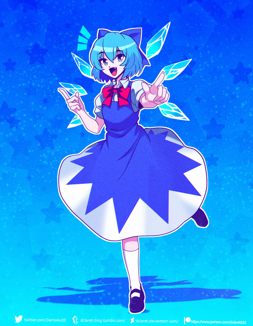 1girl absurdres blue_background blue_bow blue_dress blue_eyes blue_hair blue_shoes blue_theme bow bowtie breasts cirno cirno_day collared_shirt dclaret detached_wings dress fang full_body hair_between_eyes highres ice ice_wings index_finger_raised looking_at_viewer mary_janes medium_hair open_mouth pinafore_dress pointing pointing_at_viewer puffy_short_sleeves puffy_sleeves red_bow red_bowtie shirt shoes short_sleeves simple_background sleeveless sleeveless_dress small_breasts socks solo standing standing_on_one_leg touhou white_shirt white_socks wings