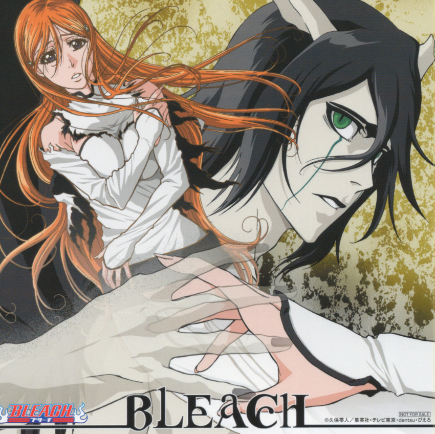 1boy 1girl absurdres arrancar black_hair bleach breasts breasts_squeezed_together colored_sclera dated death demon_horns dress expressionless facial_mark fingernails floating_hair green_eyes hair_between_eyes hair_ornament hairclip highres horns inoue_orihime lance large_breasts long_hair moon non-web_source official_art orange_hair polearm reaching reaching_towards_another resurreccion resurreccion:_segunda_etapa sad scan short_hair simple_background sword title torn_clothes ulquiorra_cifer weapon white_dress wide_hips
