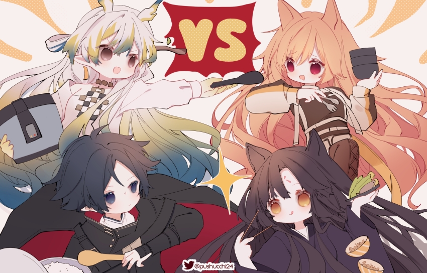 1boy 3girls :q animal_ears arknights black_cape black_hair black_kimono black_shirt blonde_hair blue_eyes blue_hair bowl brown_hair brown_jacket brown_shirt cape ceobe_(arknights) chopsticks colored_skin commentary dog_ears dragon_horn drooling english_commentary facial_mark food forehead_mark fork gradient_hair grey_eyes hair_ornament hair_stick high_collar highres holding holding_bowl holding_chopsticks holding_fork holding_plate holding_spoon jacket japanese_clothes jewelry kimono long_hair looking_at_another multicolored_hair multiple_girls nattou necklace plate pointy_ears pushu red_cape red_eyes rice rice_cooker saga_(arknights) shamoji shirt shu_(arknights) simple_background spoon tongue tongue_out two-sided_cape two-sided_fabric upper_body v-shaped_eyebrows vs white_background white_hair white_jacket white_shirt yellow_eyes yellow_skin zuo_le_(arknights)