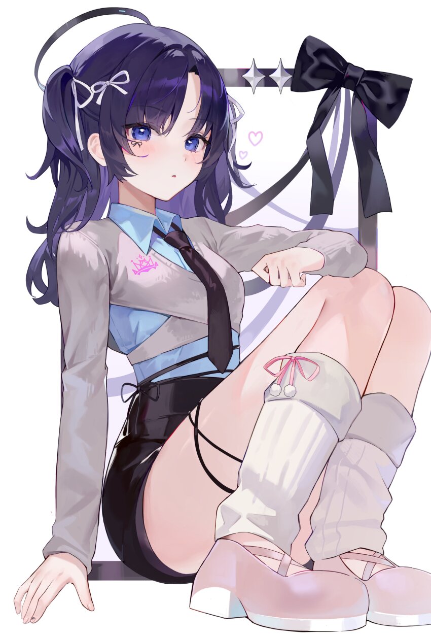 1girl absurdres alternate_costume arm_at_side black_halo black_necktie black_skirt blue_archive blue_eyes blue_shirt blush collared_shirt commentary convenient_leg eyelashes eyes_visible_through_hair hair_ribbon halo hand_up heart high-waist_skirt highres kneehighs knees_up knowa legs_together long_hair looking_at_viewer mary_janes mechanical_halo necktie parted_lips pink_shoes purple_hair ribbon shirt shoes simple_background sitting skirt socks solo thighhighs two_side_up white_background white_ribbon white_socks yuuka_(blue_archive)