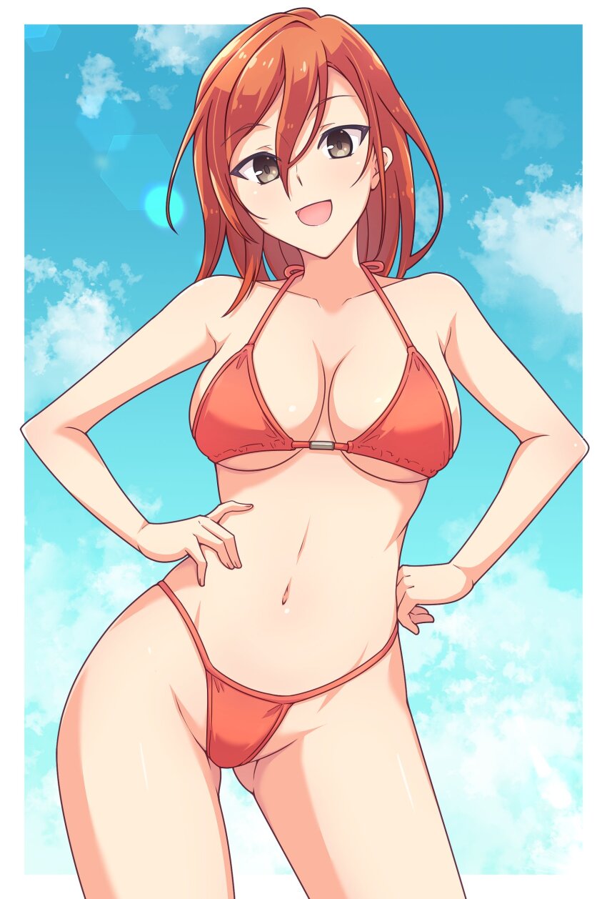 1girl :d absurdres bikini blue_sky brown_eyes cloud collarbone commentary_request day e20 gluteal_fold hair_between_eyes hands_on_own_hips highleg highleg_bikini highres himesaki_kasane kamisama_ga_machigaeru long_hair looking_at_viewer open_mouth orange_bikini orange_hair second-party_source sky smile solo standing swimsuit thighs tongue