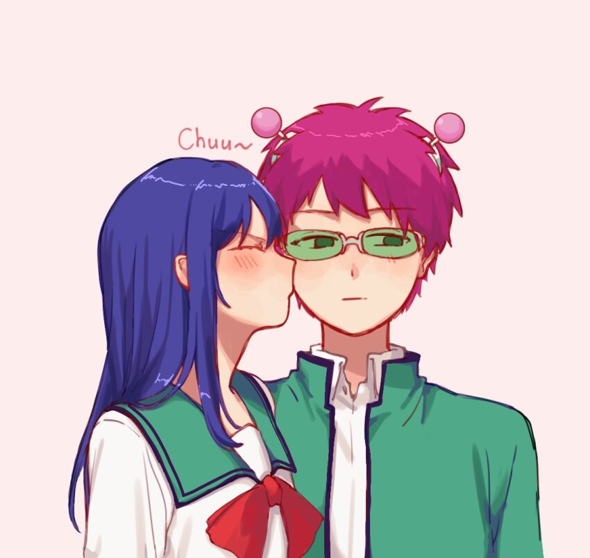 blue_hair blush closed_eyes closed_mouth collared_shirt commentary dark_blue_hair green-tinted_eyewear green_eyes green_gakuran headgear hetero kiss kissing_cheek long_hair pink_background pink_hair pk_academy_school_uniform qy_qyn12327 saiki_kusuo saiki_kusuo_no_psi_nan school_uniform serafuku shirt short_hair sideways_glance simple_background teruhashi_kokomi tinted_eyewear upper_body white_shirt