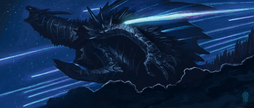 commentary_request dragon fantasy giant giant_monster highres meteor_shower monster monster_focus night no_humans open_mouth original outdoors scales taiyakiki-5687 western_dragon wings