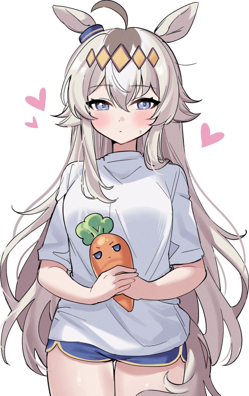 1girl ahoge animal_ears blue_eyes blue_shorts blush breasts carrot closed_mouth ear_ornament eyemethyst grey_hair grey_tail hair_between_eyes hair_ornament hairband heart highres holding horse_ears horse_girl horse_tail long_hair looking_at_viewer medium_breasts multicolored_hair oguri_cap_(umamusume) shirt shorts simple_background solo stuffed_carrot sweatdrop tail umamusume white_background white_shirt
