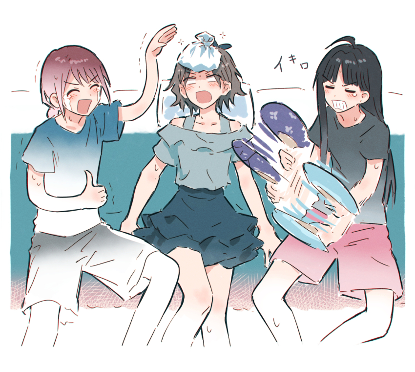3girls ahoge awa_subaru black_hair black_shirt black_shorts blue_shirt blue_skirt blush bob_cut brown_hair bullfalk clenched_teeth closed_eyes collarbone crying ebizuka_tomo girls_band_cry grey_hair grey_shirt hair_behind_ear hand_fan highres ice_pack invisible_chair iseri_nina long_hair low_twintails multiple_girls off-shoulder_shirt off_shoulder open_mouth parted_bangs pink_shorts shirt short_hair short_twintails shorts single_sidelock sitting skirt streaming_tears tears teeth twintails white_shirt