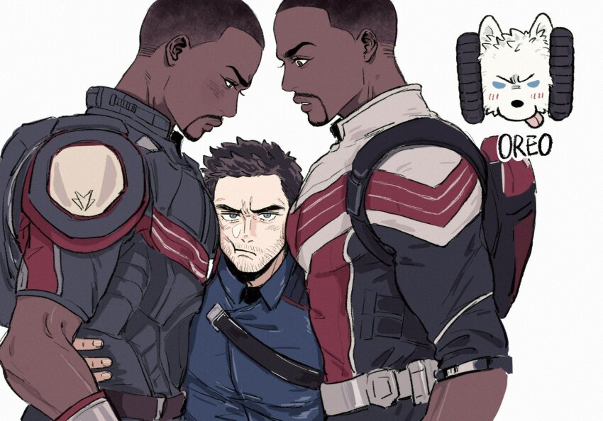 3boys belt black_belt black_bodysuit black_hair blue_eyes blue_jacket bodysuit brown_belt brown_eyes bucky_barnes captain_america_(series) closed_mouth collared_jacket dark-skinned_male dark_skin dual_persona english_text facial_hair fingernails grey_belt hand_around_waist highres jacket looking_at_another looking_at_viewer looking_up male_focus marvel marvel_cinematic_universe multicolored_bodysuit multiple_boys red_bodysuit sam_wilson sandwiched short_hair simple_background sleepyuncle1 teeth the_falcon the_falcon_and_the_winter_soldier two-tone_bodysuit white_background white_bodysuit yaoi