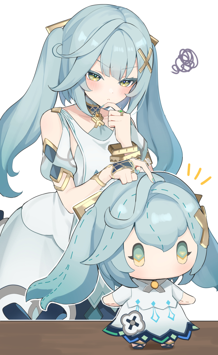 1girl aqua_hair aqua_nails blush bracelet character_doll closed_mouth clothing_cutout commentary_request doll faruzan_(genshin_impact) fingernails frown genshin_impact green_eyes hand_up highres jewelry long_hair shoulder_cutout simple_background solo squiggle symbol-shaped_pupils triangle-shaped_pupils twintails ura_(hamburg_oniku) very_long_hair white_background