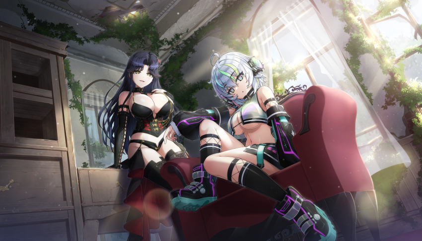 2girls :o abandoned ahoge bikini black_bikini black_boots black_hair black_panties black_shoes black_skirt boots breasts bridal_gauntlets cleavage cropped_jacket day detached_sleeves dolphin_wave game_cg grey_hair headphones highres hirasaka_yuno jacket kurokuchi_muru large_breasts long_hair looking_at_viewer medium_hair multicolored_eyes multicolored_hair multiple_girls navel non-web_source official_art on_chair ootomo_takuji open_mouth panties parted_bangs plant rainbow_eyes red_skirt see-through_clothes see-through_jacket shoes showgirl_skirt sitting skirt smile streaked_hair sunlight swimsuit two-sided_fabric two-sided_skirt underwear window yellow_eyes