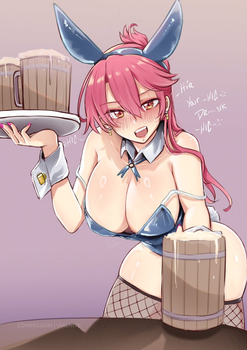 1girl alcohol animal_ears barmaid beer beer_mug blue_leotard breasts cleavage commentary cup detached_collar eiyuu_densetsu english_commentary fake_animal_ears fishnet_thighhighs fishnets foam highres holding holding_cup holding_plate large_breasts leotard long_hair mug pink_hair plate playboy_bunny ponytail rabbit_ears rabbit_tail sara_valestein sen_no_kiseki_(series) sen_no_kiseki_i solo tail thighhighs vialnite wrist_cuffs yellow_eyes