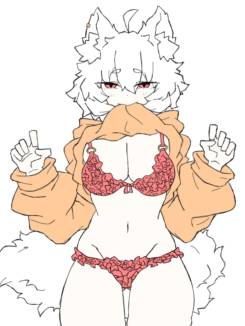 1girl ahoge alternate_costume animal_ear_fluff animal_ear_piercing animal_ears blush bra breasts cleavage clothes_lift cowboy_shot fumomono groin highres inubashiri_momiji lace lace_bra lace_panties large_breasts looking_at_viewer lowleg lowleg_panties messy_hair mouth_hold navel no_pants orange_sweater panties red_bra red_eyes red_panties short_hair simple_background solo sweater sweater_lift tail touhou underwear white_background white_hair wolf_ears wolf_girl wolf_tail