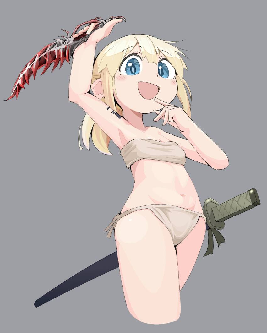 1girl absurdres bandeau blonde_hair blue_eyes commentary_request dagger elden_ring highres holding holding_dagger holding_knife holding_weapon katana knife loli looking_at_viewer mega_man_(series) navel open_mouth panties roll_(mega_man) sheath sheathed side-tie_panties slyger_ex solo stomach sword underwear weapon