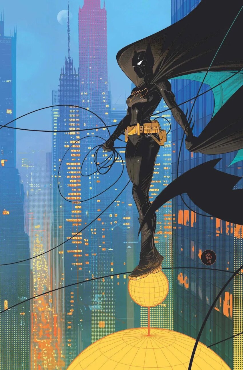 1girl batgirl batman_(series) belt black_bodysuit black_boots black_cape bodysuit boots cape cassandra_cain city comic_cover cover_image dan_mora dc_comics full_body highres mask moon night official_art outdoors solo utility_belt yellow_belt