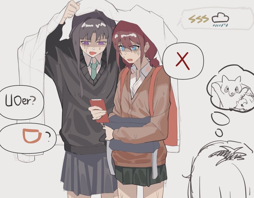 3girls ahoge awa_subaru bag black_hair black_sweater blue_bag blue_eyes blue_necktie blush brown_cardigan cardigan collared_shirt dress_shirt girls_band_cry gloom_(expression) green_skirt grey_skirt hair_intakes highres hugging_object improvised_umbrella iseri_nina kawaragi_momoka long_hair low_twintails multiple_girls necktie open_mouth pleated_skirt school_bag school_uniform shared_improvised_umbrella shirt short_hair short_twintails skirt spoken_symbol sweat sweater twintails wet wet_clothes white_shirt zarakaga