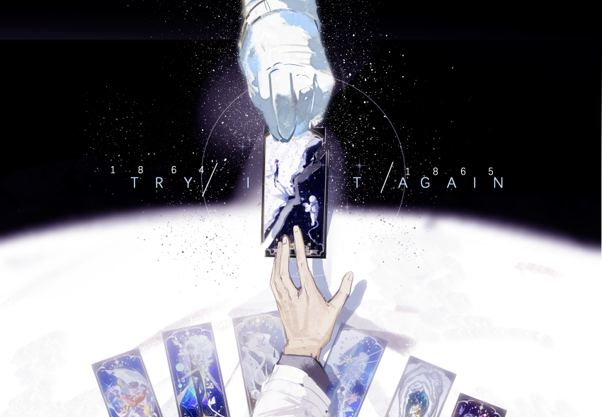 2boys absurdres blurry blurry_background card english_text glowing hand_focus haze highres holding holding_card incoming_gift kim_dokja lantercat multiple_boys omniscient_reader&#039;s_viewpoint outstretched_hand planet secretive_plotter sky space spacesuit star_(sky) starry_sky tarot tarot_card white_sleeves