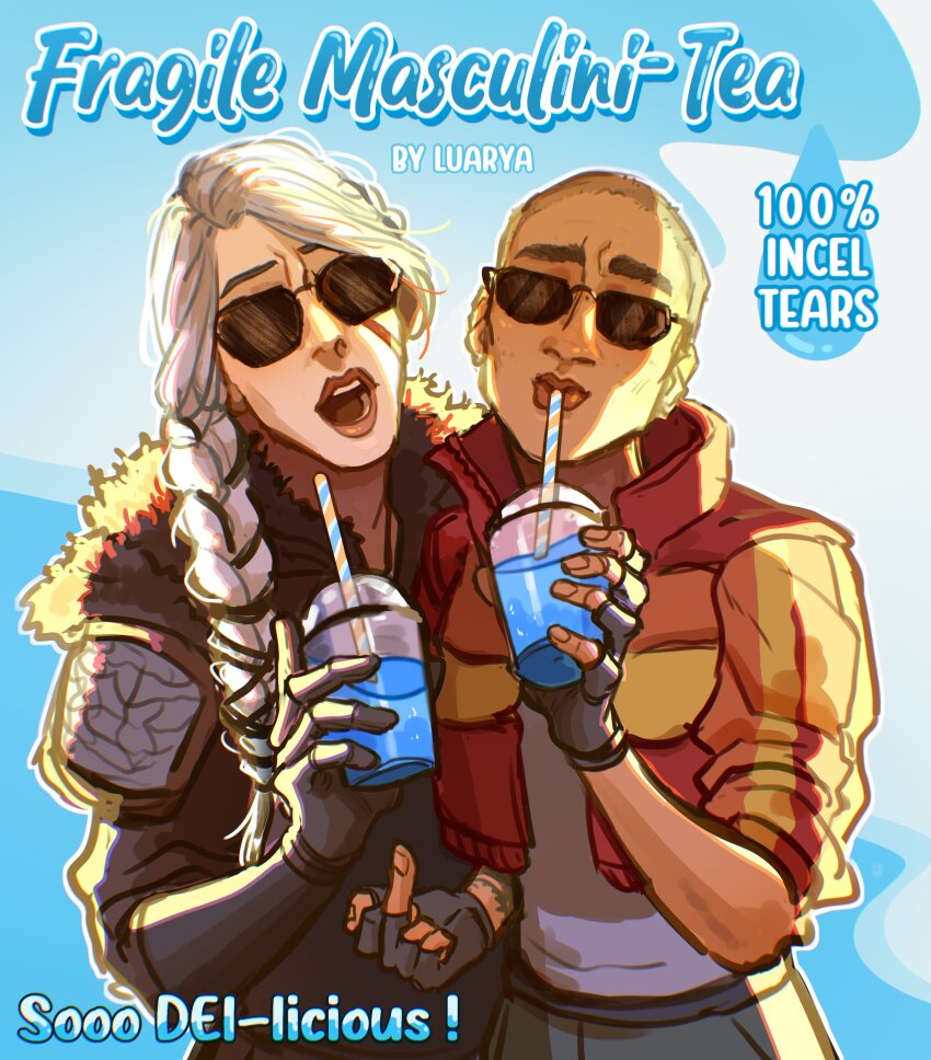 2girls abstract_background absurdres arm_tattoo armored_gloves artist_name bald bald_female black-framed_eyewear black_gloves blue_background braided_sidelock coat commentary cropped_jacket cup dark-skinned_female dark_skin disposable_cup diversity_equity_and_inclusion_(dei) drinking drinking_straw english_commentary english_text fingerless_gloves four_tips_to_improve_your_girl_power_(meme) friends fur-trimmed_coat fur_trim furrowed_brow gloves highres holding holding_cup intergalactic:_the_heretic_prophet jacket long_hair looking_at_viewer luarya medium_eyebrows middle_finger multiple_girls open_clothes open_jacket open_mouth parted_lips popped_collar poster_(medium) pun scar scar_on_face shirt sidelighting slushie sunglasses tattoo the_witcher_(series) the_witcher_4 thick_eyebrows upper_body white_hair white_shirt